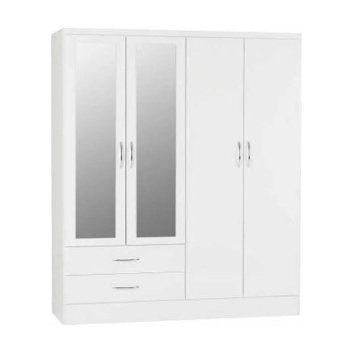 Nevada 4 Door 2 Drawer Mirrored Wardrobe - White Gloss