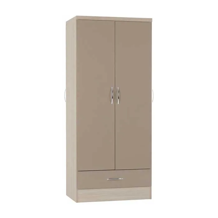 Nevada 2 Door 1 Drawer Wardrobe - Oyster Gloss Light Oak