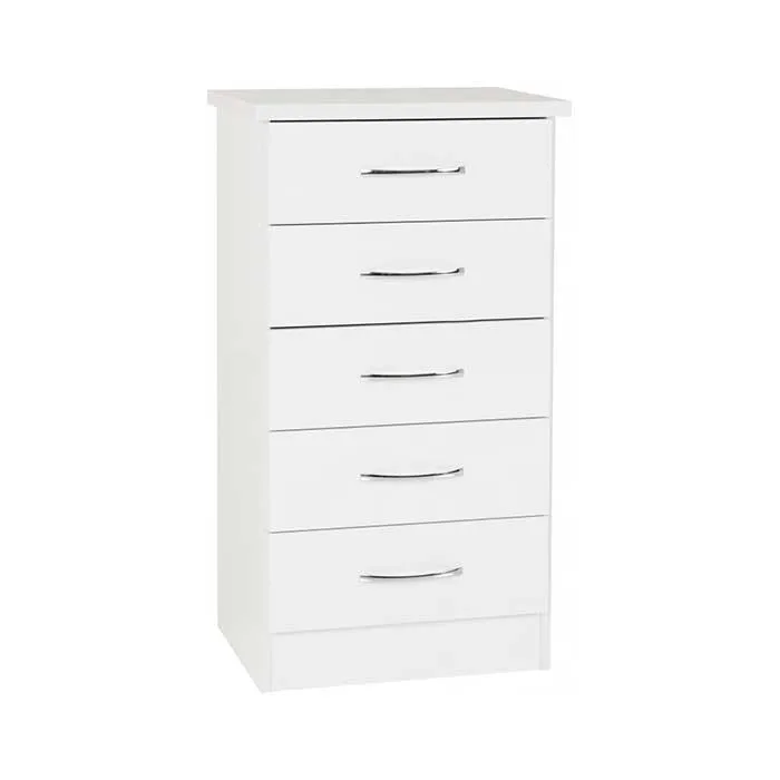 Nevada 5 Drawer Narrow Chest - White Gloss
