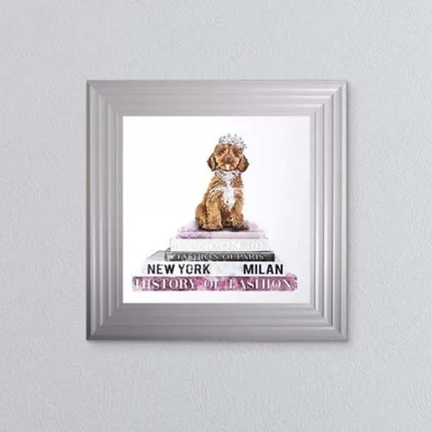 Pink Cockapoo On Stack Of Books Framed Wall Art