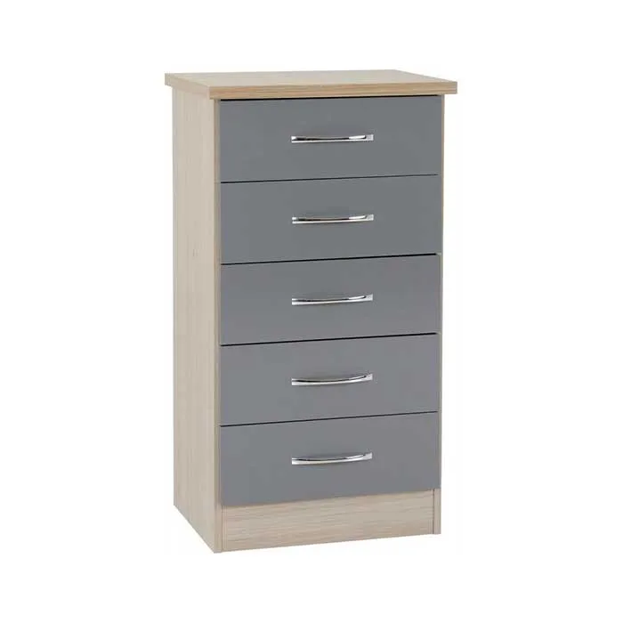 Nevada 5 Drawer Narrow Chest - Grey Gloss