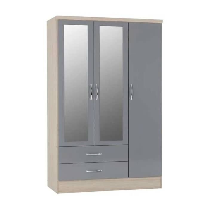 Nevada 3 Door 2 Drawer Mirrored Wardrobe - Grey Gloss