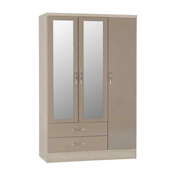 Nevada 3 Door 2 Drawer Mirrored Wardrobe - Oyster Gloss Light Oak