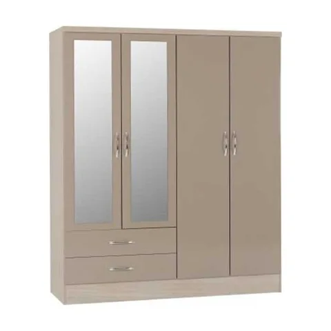 Nevada 4 Door 2 Drawer Mirrored Wardrobe - Oyster Gloss Light Oak