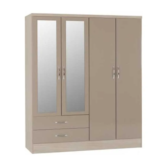 Nevada 4 Door 2 Drawer Mirrored Wardrobe - Oyster Gloss Light Oak