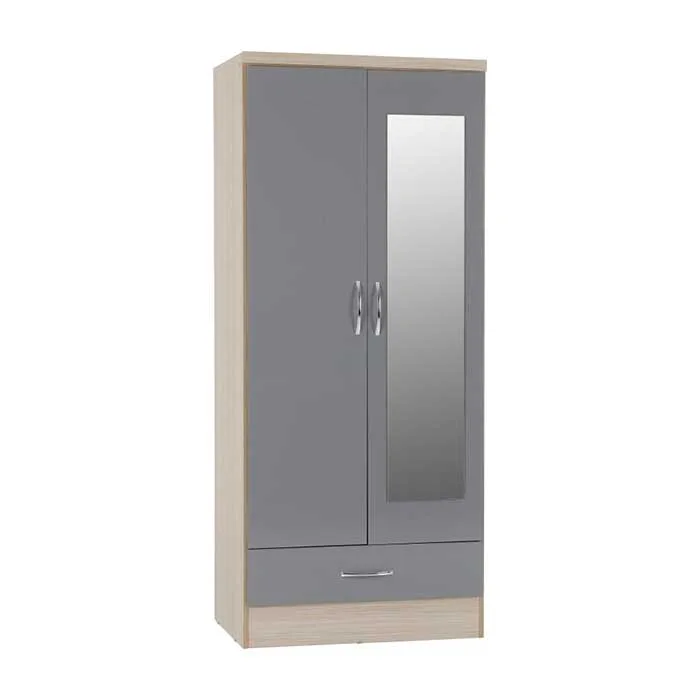 Nevada 2 Door 1 Drawer Mirrored Wardrobe - Grey Gloss