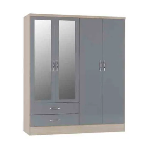 Nevada 4 Door 2 Drawer Mirrored Wardrobe - Grey Gloss