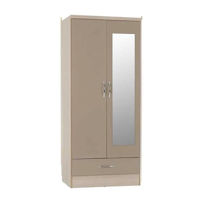 Nevada 2 Door 1 Drawer Mirrored Wardrobe - Oyster Gloss Light Oak