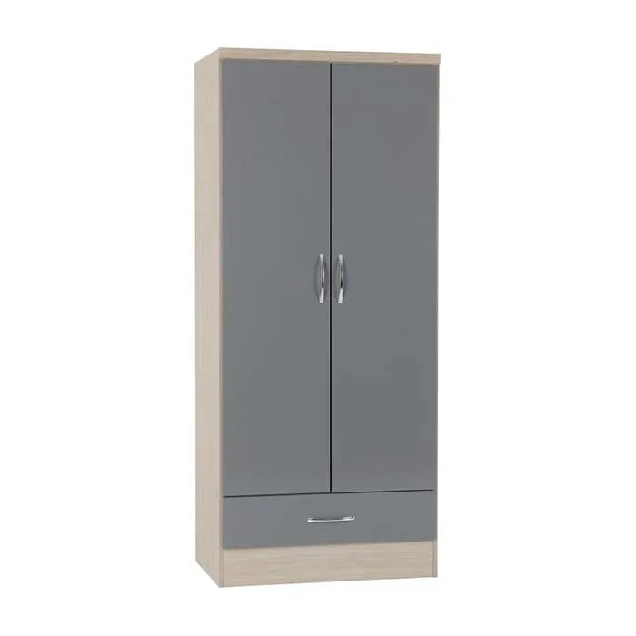 Nevada 2 Door 1 Drawer Wardrobe - Grey Gloss