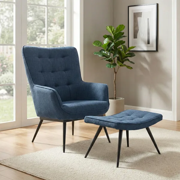 Katelyn Accent Chair with Stool Denim Blue