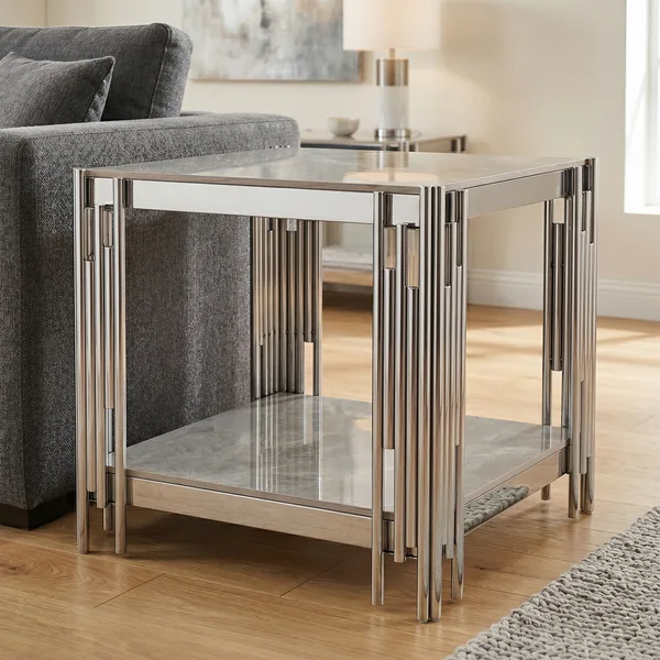 Belini End Table Sintered Stone and Stainless Steel