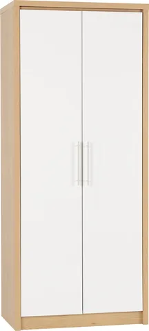 Seville 2 Door Wardrobe - White High Gloss/Light Oak Effect Veneer