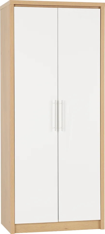 Seville 2 Door Wardrobe - White High Gloss/Light Oak Effect Veneer