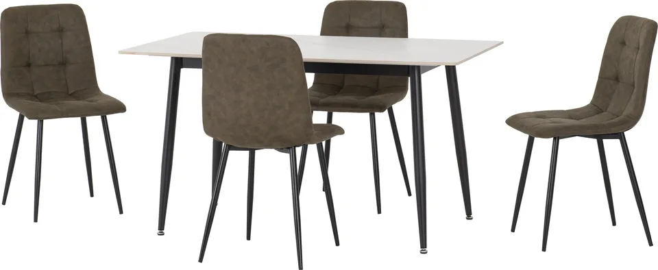 Fenton Dining Set (4 Chairs) - White Marble Stone Effect/Olive Green Suede Fabric