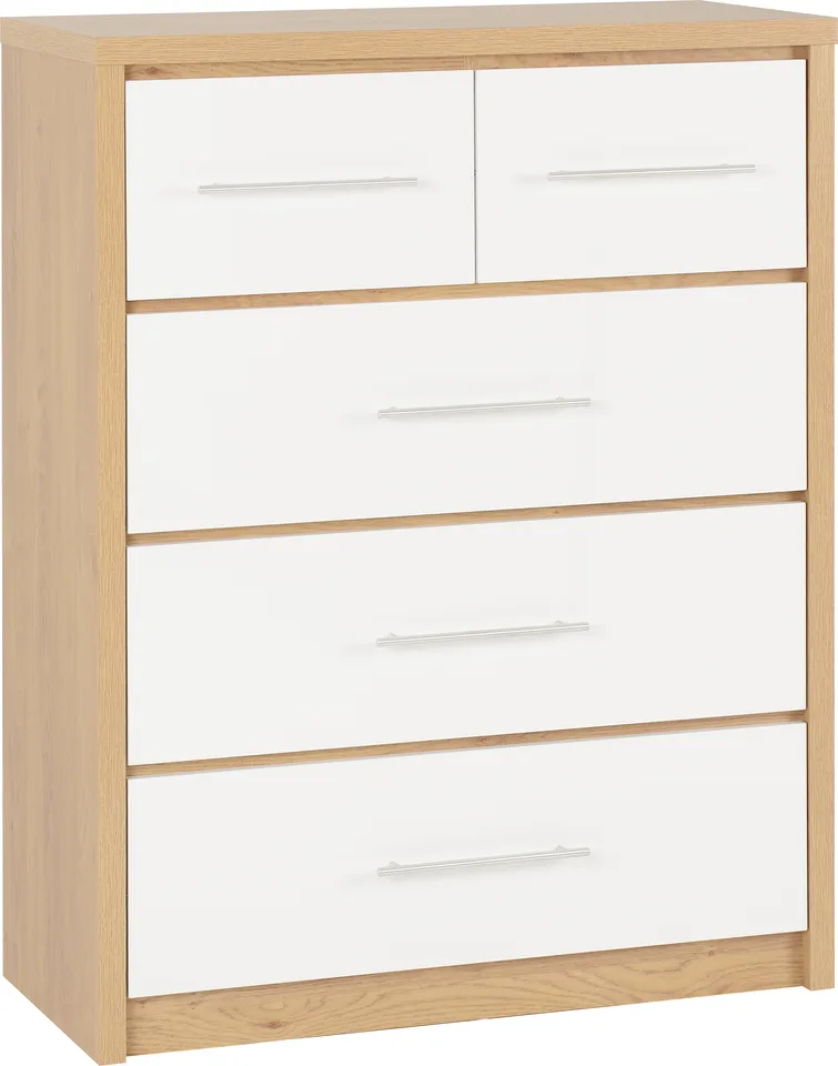 Seville 3+2 Drawer Chest - White High Gloss/Light Oak Effect Veneer