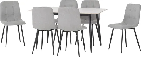 Fenton Dining Set (6 Chairs) - White Marble Stone Effect/Light Grey Fabric