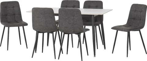 Fenton Dining Set (6 Chairs) - White Marble Stone Effect/Dark Grey Suede Fabric