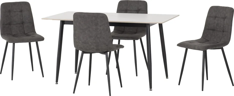 Fenton Dining Set (4 Chairs) - White Marble Stone Effect/Dark Grey Suede Fabric