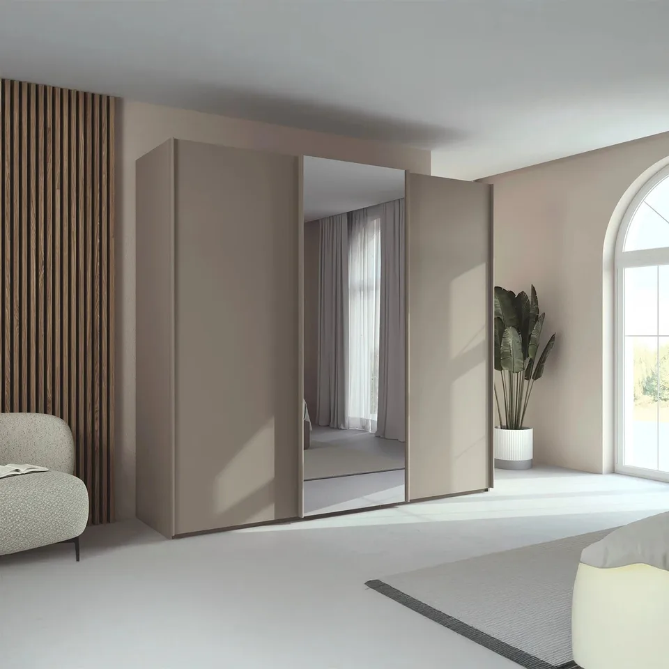 Taro 240cm Wardrobe - Fango Grey / 3 Sliding Doors / 1 Centre Mirror