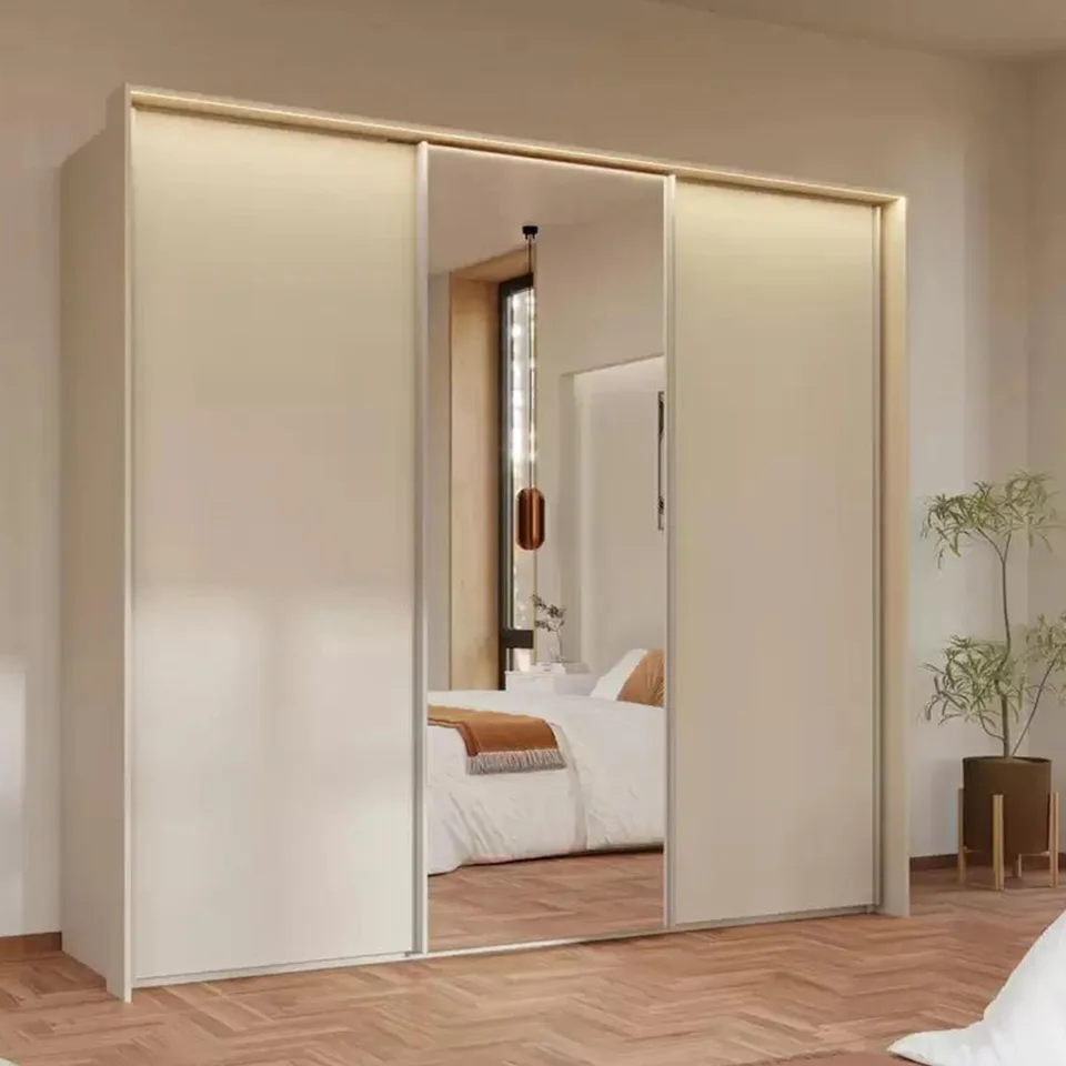 Taro 240cm Wardrobe - Champagne / 3 Sliding Doors / 1 Centre Mirror