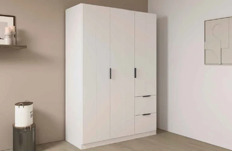 Ella 136cm Wardrobe - Alpine White / 3 Hinged Solid Doors / 2 Drawers