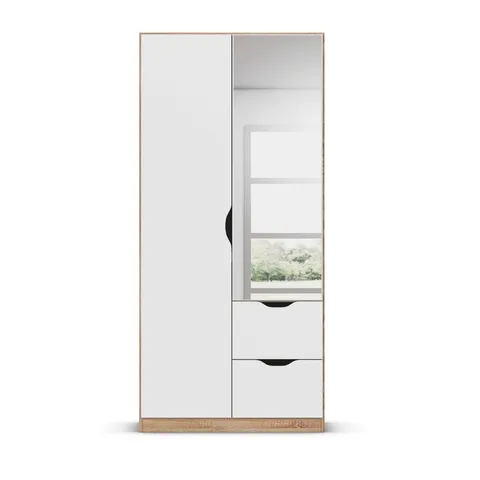Arnstein 90cm Wardrobe - White&Sonoma Oak / 2 Hinged Doors / 1 Mirror / 2 Drawers