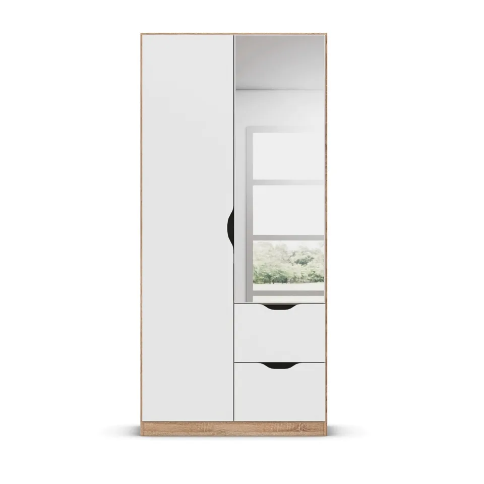 Arnstein 90cm Wardrobe - White&Sonoma Oak / 2 Hinged Doors / 1 Mirror / 2 Drawers