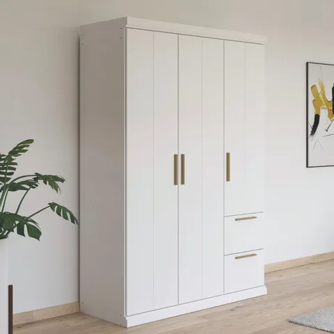 Elia 136cm Wardrobe - Alpine White / 3 Hinged Solid Doors / 2 Drawers