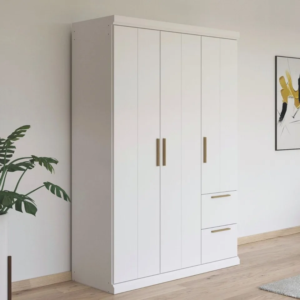 Elia 136cm Wardrobe - Alpine White / 3 Hinged Solid Doors / 2 Drawers