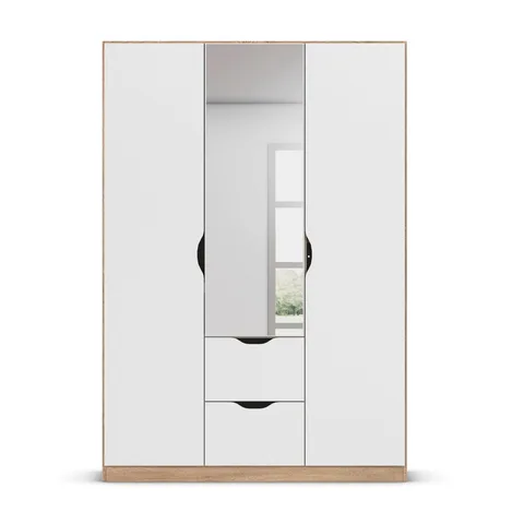 Arnstein 136cm Wardrobe - White&Sonoma Oak / 3 Hinged Doors / 1 Centre Mirror / 2 Drawers
