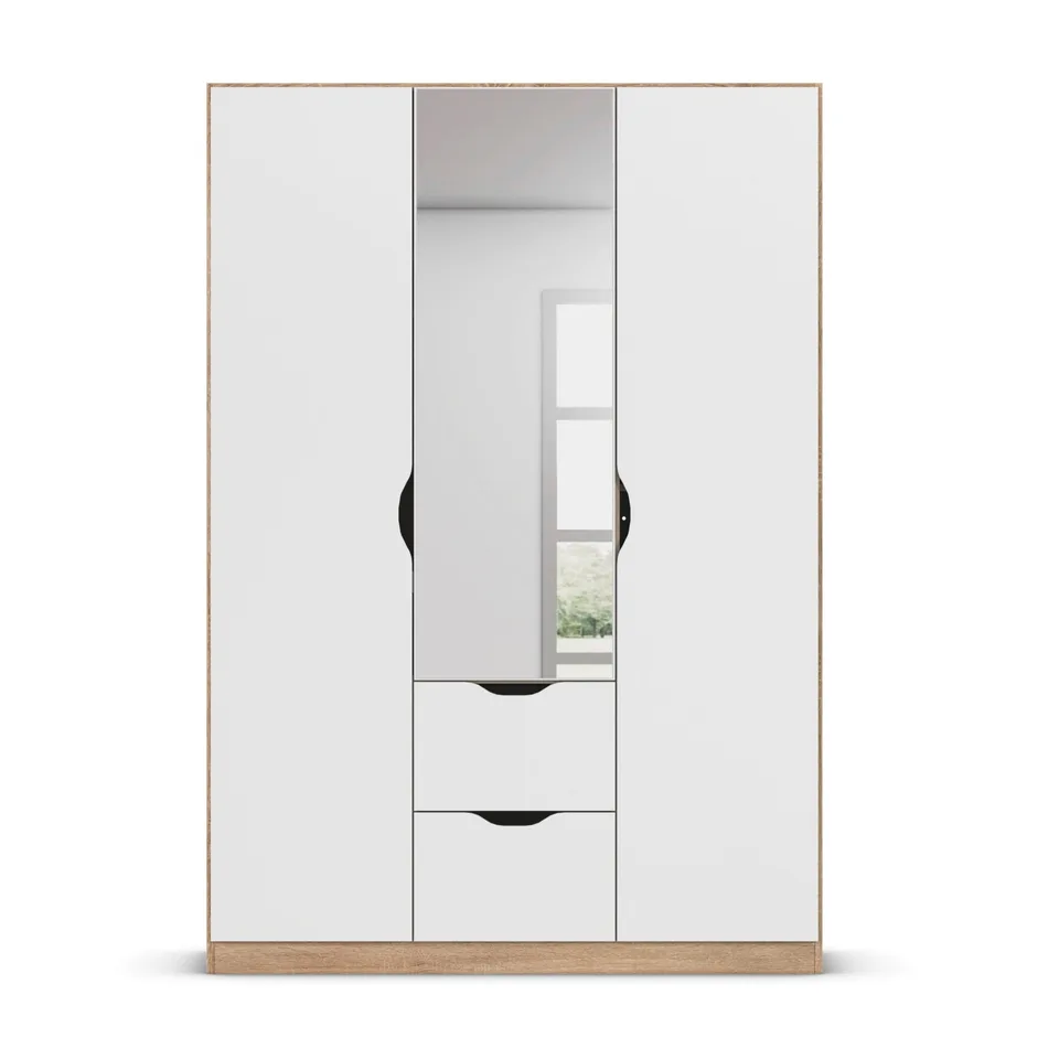Arnstein 136cm Wardrobe - White&Sonoma Oak / 3 Hinged Doors / 1 Centre Mirror / 2 Drawers
