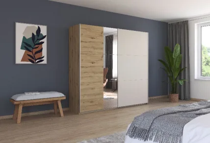 Monza 218cm Wardrobe - Artisan Oak&Champagne / 2 Sliding Doors / Half Mirror