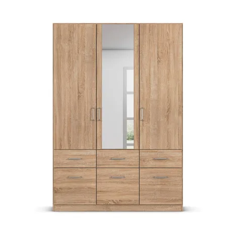 Aalen 136cm Wardrobe - Sonoma Oak / 3 Hinged Doors / 1 Mirror / 6 Drawers