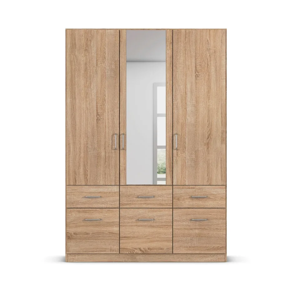 Aalen 136cm Wardrobe - Sonoma Oak / 3 Hinged Doors / 1 Mirror / 6 Drawers