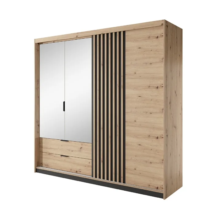 Tally 220cm Wardrobe - Artisan Oak / Anthracite / 2 Hinged Doors / 2 Mirrored Sliding Doors / 2 Drawers / Lighting