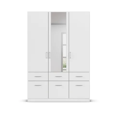 Aalen 136cm Wardrobe - Alpine White / 3 Hinged Doors / 1 Mirror / 6 Drawers