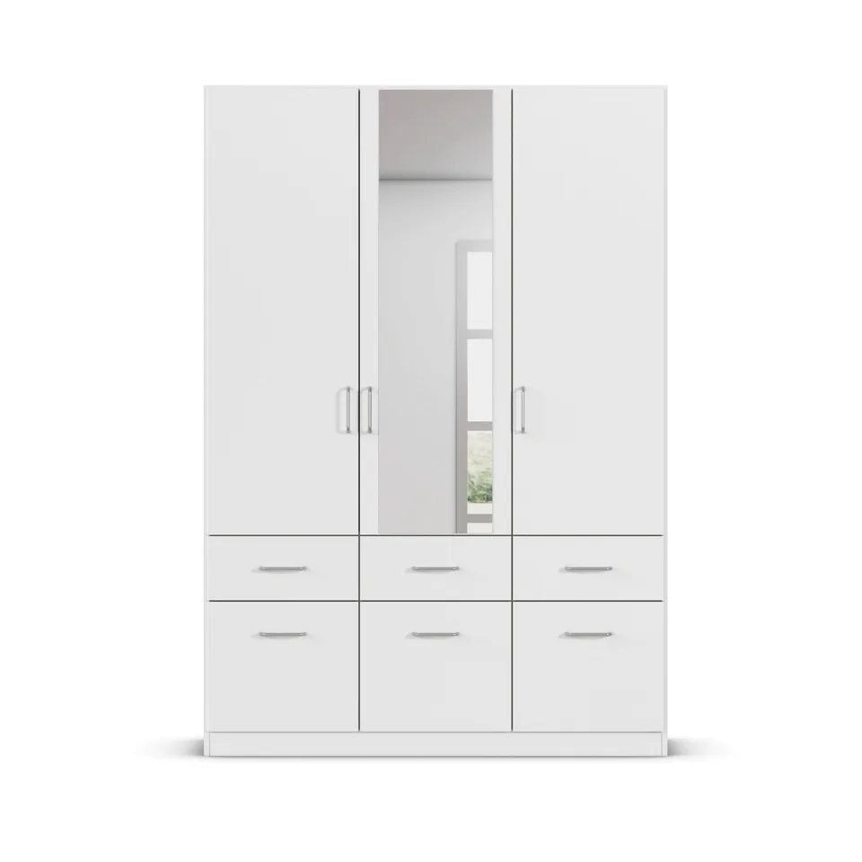 Aalen 136cm Wardrobe - Alpine White / 3 Hinged Doors / 1 Mirror / 6 Drawers