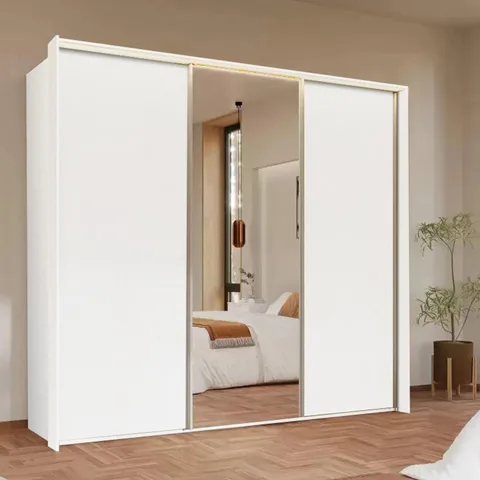 Taro 240cm Wardrobe - White / 3 Sliding Doors / 1 Centre Mirror